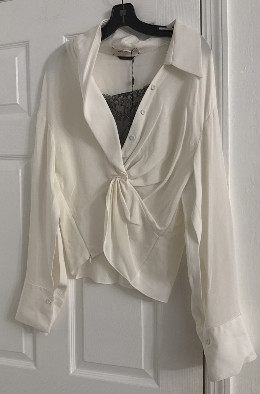 NWT Hellessy Jazmin Draped Silk Blouse Lace Inset Top Ecru White Off Shoulder 8